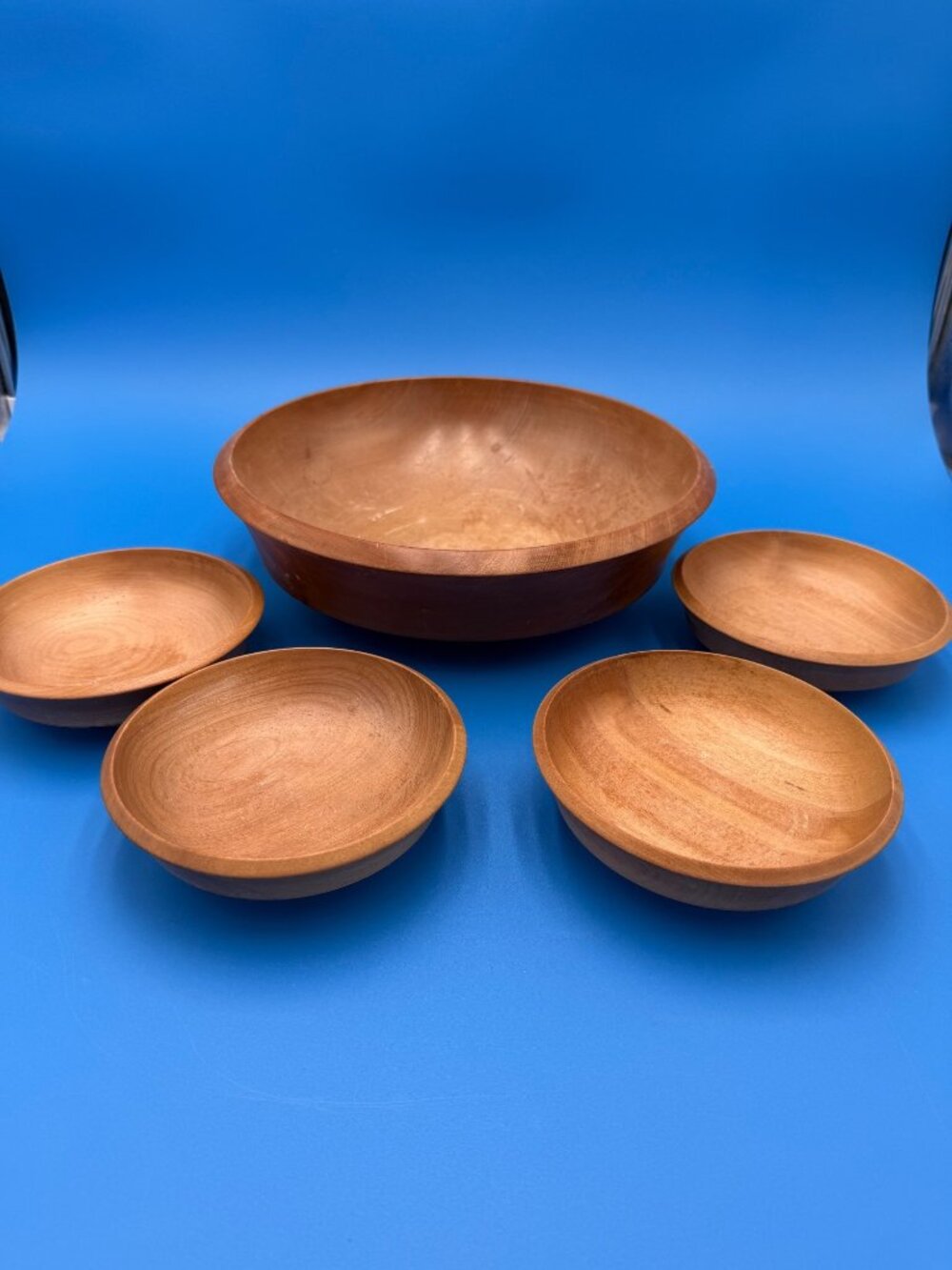 Vintage Hand Carved Wooden Bowl 4 Small Serving Bowls Natural Wood Grain Finish